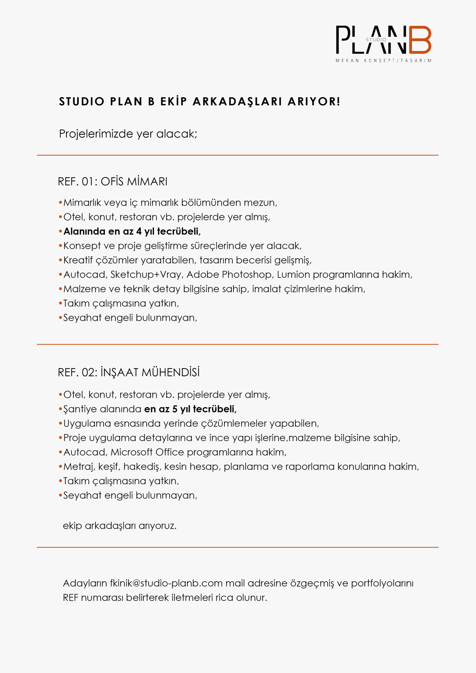 STUDİO PLAN B Ekip Arkadaşları Arıyor - Arkitera